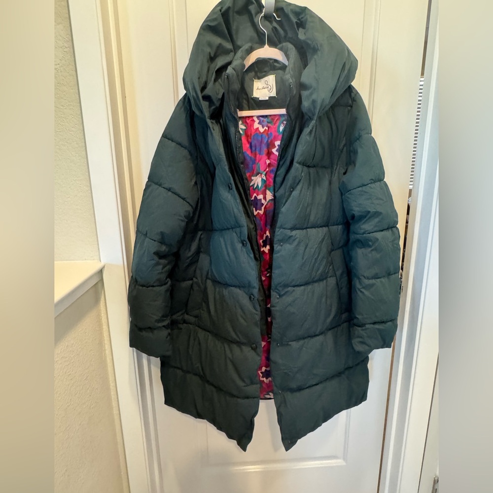 Sam Edelman XL - Puffer double breast Coat - Hunter Green - fun floral lining